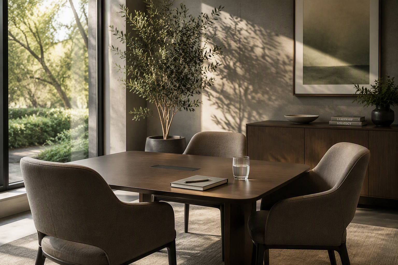 Photorealistic premium interior photograph of a small, elegant executive meeting space beside a larg