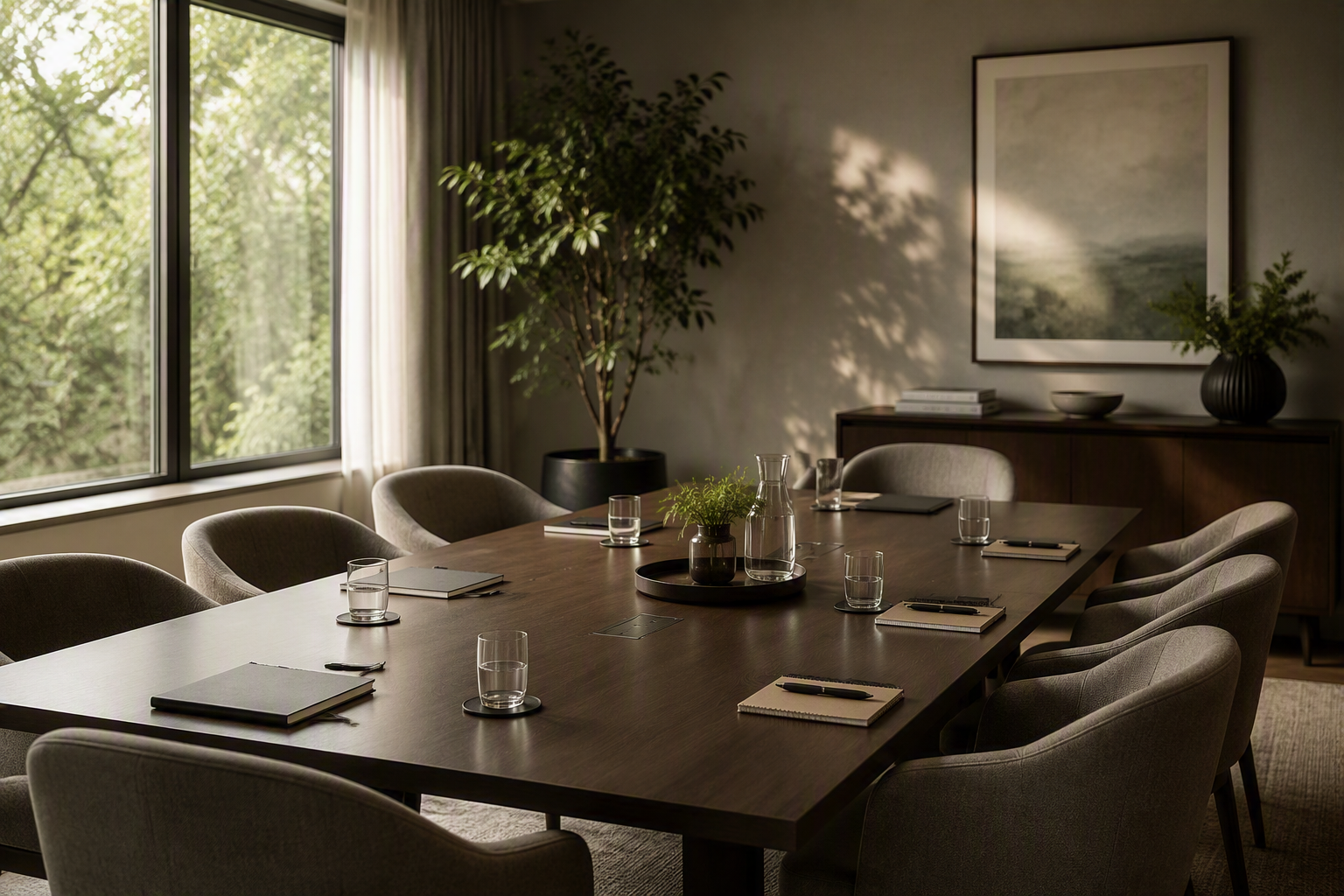 Photorealistic premium interior photograph of a warm, considered boardroom set for a small leadershi