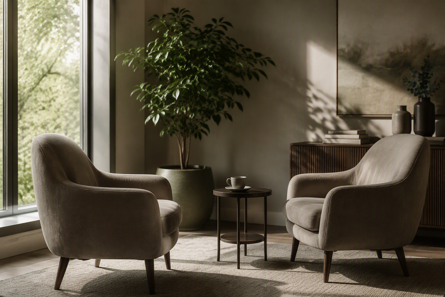 Photorealistic premium interior photograph of two comfortable modern armchairs facing each other in